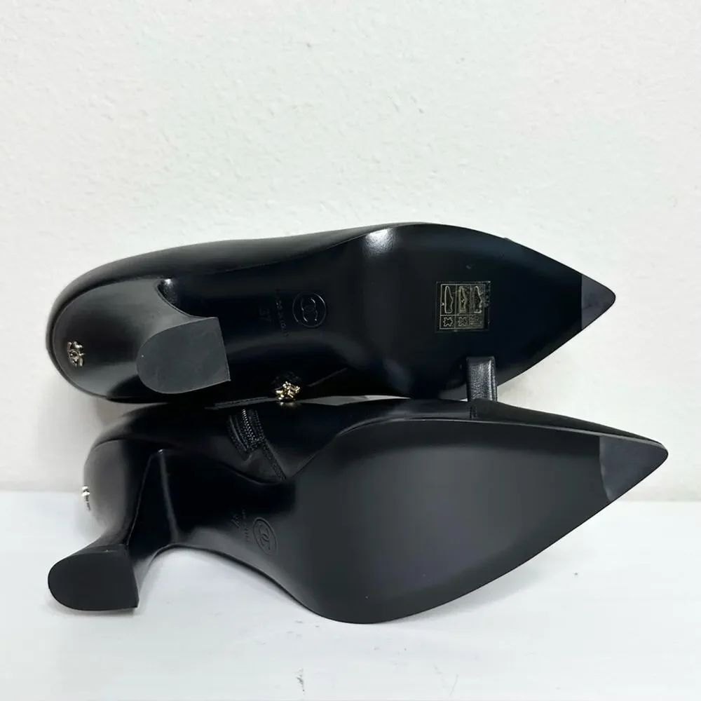 CHANEL Black Ankle Boots Size 37 CC Logo Bow Accent